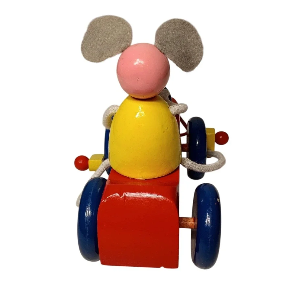 Vintage Toy Pull‎ Along Mouse Wooden Tricycle Bike Colorful Felt Ears